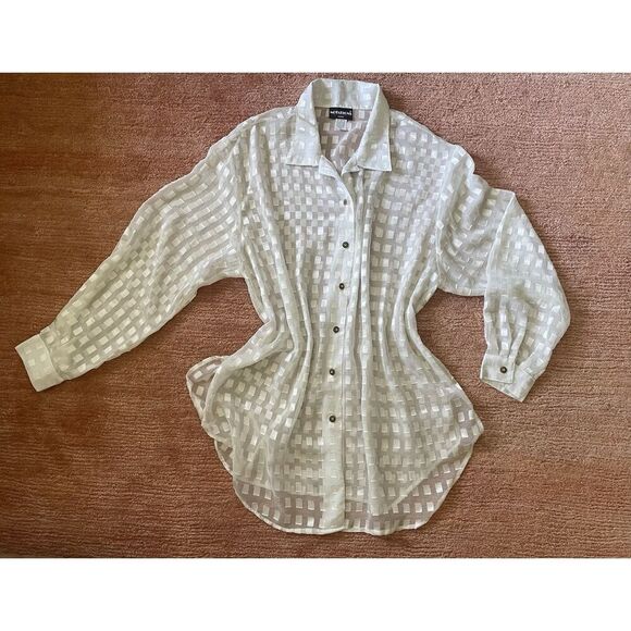 Vintage Notations Sheer Blouse 2X White Gold Geometric Button Down USA - Picture 1 of 6